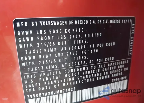 2018 Volkswagen Tiguan 2.0T S z USA, uszkodzony, nr VIN 3VV0B7AX8JM074622